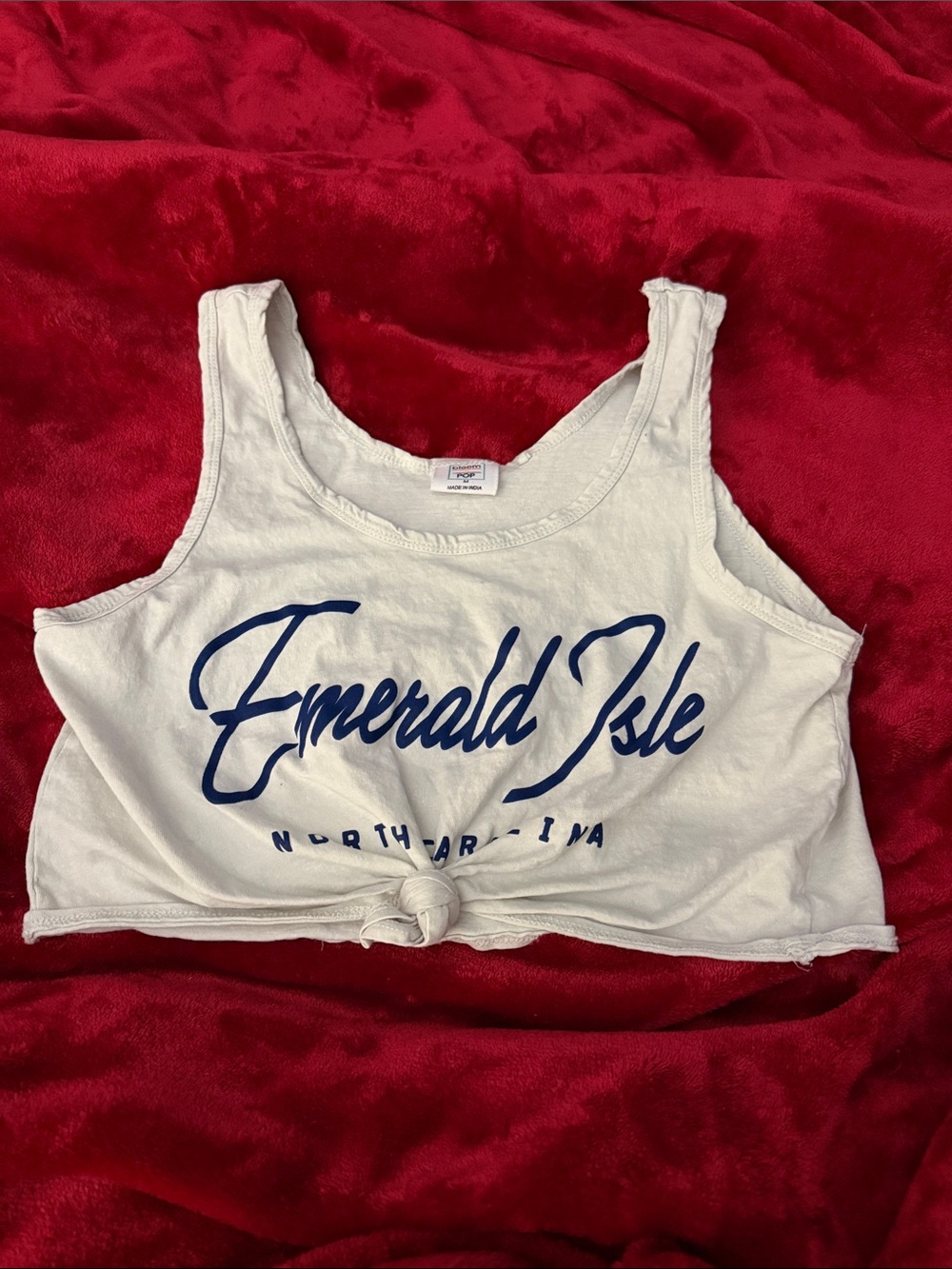 bloom White Crop Tank Top with Navy "Emerald Isle" Script